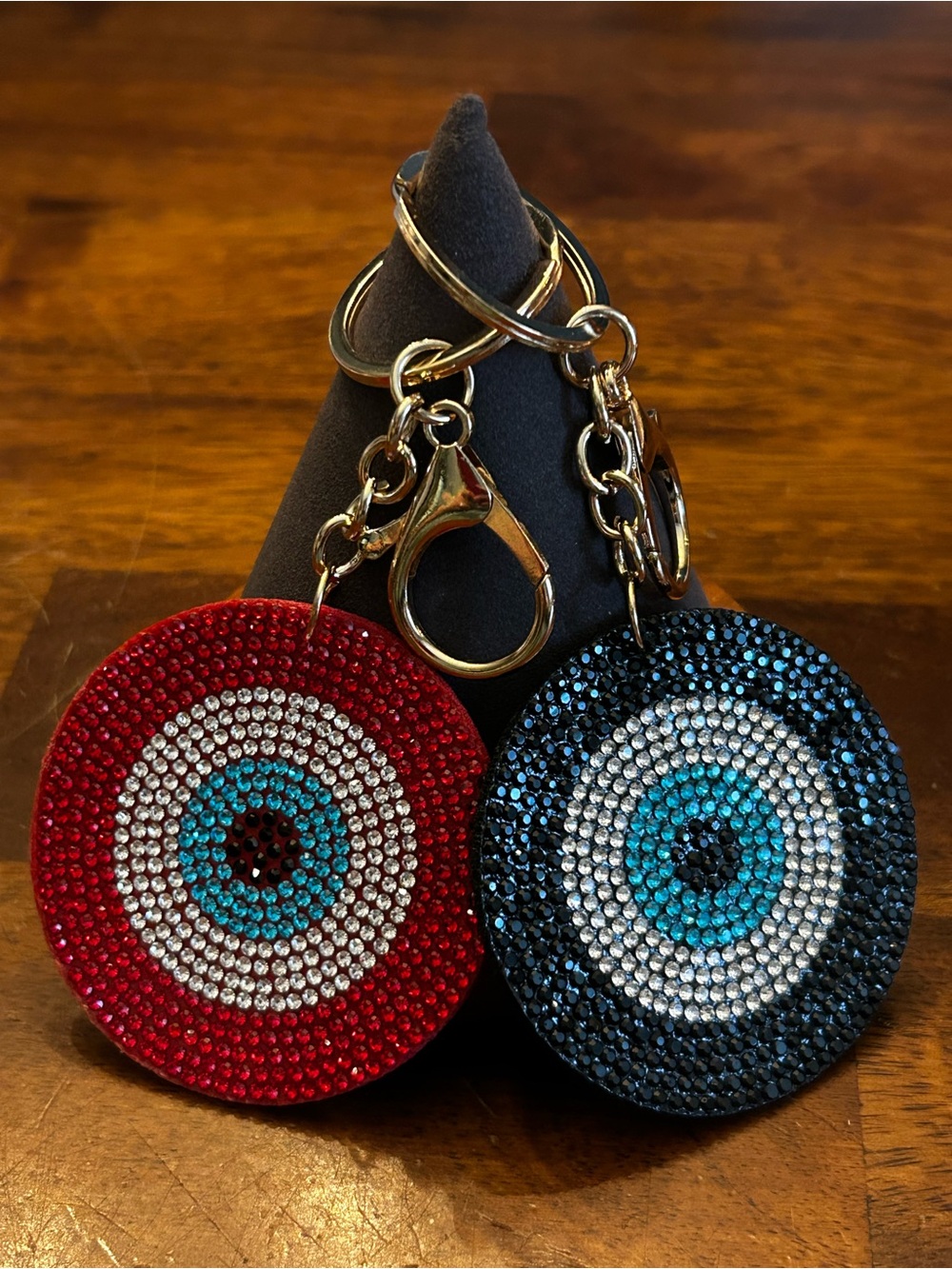 Sparkling Evil Eye 🧿 Bag Charm Keychain Pair — Red & Blue with Gold Hardware Two